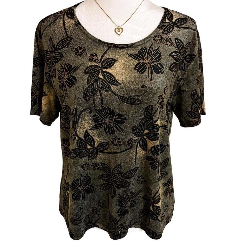Vintage Notations Metallic Floral Top Black Gold Semi Sheer Blouse Size M